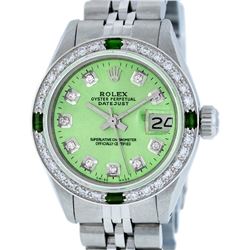 Rolex Ladies Stainless Steel Green Diamond & Emerald Datejust Wristwatch