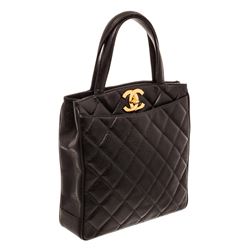 Chanel Black Quilted Caviar Leather Vintage North South Tote Bag