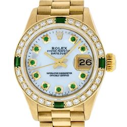 Rolex Ladies 18K Yellow Gold MOP Emerald President Wristwatch With Rolex Box & A