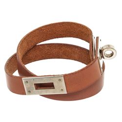 Hermes Brown Leather Palladium Plated Kelly Choker Necklace