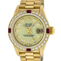 Rolex Ladies 18K Yellow Gold Champagne And Ruby Diamond President Wristwatch Wit