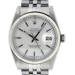 Rolex Mens Stainless Steel 36MM Silver Index Fluted Bezel Datejust Wristwatch