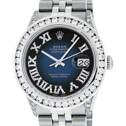 Rolex Mens Stainless Steel Blue Vignette Roman Diamond Datejust Wristwatch With