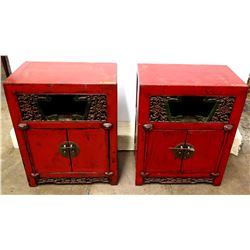 Qty 2 Red Lacquered 2-Door Wooden Oriental Cabinets (End Tables)