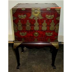 Footed Vintage Asian Cabinet w/ Fold-Down Door, Drawer & Brass Accents 16"W, 25" H