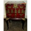 Image 1 : Footed Vintage Asian Cabinet w/ Fold-Down Door, Drawer & Brass Accents 16"W, 25" H