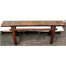 Vintage Wooden Sawhorse Bench w/ Oriental Markings on Legs 50" L, 21" H