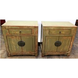 Qty 2 Green Lacquered Wooden Oriental Cabinets (End Tables) 28" H