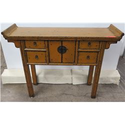 Curved Wooden Asian Entry Table w/ 2 Door Cabinet & 4 Drawers 49" x 15" x 37" Tall