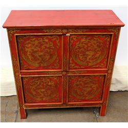 Red 4-Door Oriental Wooden Cabinet w/ Gold-Tone Dragon Accents, 2 Shelves 25"W x 28"H