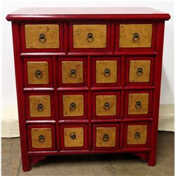 Nieman Marcus Red Wood Cabinet w/ 15 Tan Wood Pull Compartments 34" x 17" x 37"