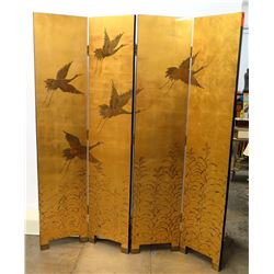 Reversible 4-Panel Lacquered Oriental Screen (Gold w/ Black Birds &  Black w/ Gold Bamboo)