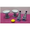 Image 2 : Qty 2 Sets Decorative Blue & White Ceramic Accents - 2 Pedestal Bowls & 2 Towers 9" H