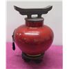 Image 1 : Red Oriental Ceramic Vessel w/ Textured Wooden Lid & Stand (glued onto display stand)