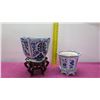Image 17 : Qty 2 Glazed Blue White Ceramic Oriental Planters w/ Base (12" Tall on Wood Stand)