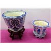 Image 1 : Qty 2 Glazed Blue White Ceramic Oriental Planters w/ Base (12" Tall on Wood Stand)