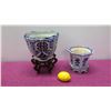 Image 2 : Qty 2 Glazed Blue White Ceramic Oriental Planters w/ Base (12" Tall on Wood Stand)