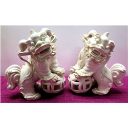 Pair of Glazed White Porcelain Foo Dog Chinese Guardian Lions 15" Tall