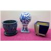 Image 1 : Qty 2 Glazed Ceramic Planters & 1-Piece Blue & White Ball Accent Décor