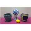 Image 2 : Qty 2 Glazed Ceramic Planters & 1-Piece Blue & White Ball Accent Décor