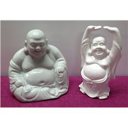 Qty 2 Glazed Ceramic Buddhas - 1 Seated, 1 Arms Extended 13" H