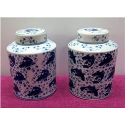 Qty 2 Oriental Lidded Ginger Jars, Blue White Koi Design, 10" H