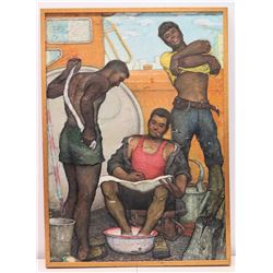 Framed Original Painting on Canvas - 3 Men Washing, Stamped Fredriv 42 (some crackling on surface) 1