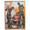Image 1 : Framed Original Painting on Canvas - 3 Men Washing, Stamped Fredriv 42 (some crackling on surface) 1