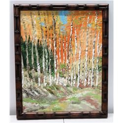 Framed Original Painting on Canvas - Birch Trees, Signed by Artist 18" x 33"