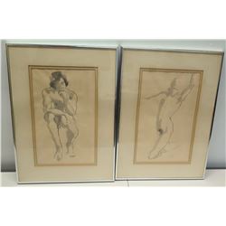 Qty 2 Framed Watercolor & Ink Sketch, Signed by Terri 15" x 22"