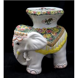Glazed Ceramic Elephant Stand 18" H, White w/ Floral Accent