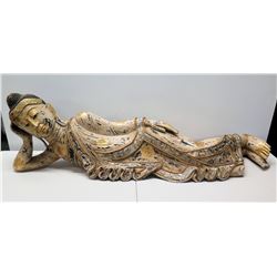 Large Thai Siam Reclining Buddha, Whitewash & Gold-Painted Accent 57" Long