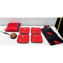 Qty 4 Red Lacquered Square Plates, Black & Red Oriental Table Runner, Pincushion, etc