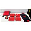 Image 1 : Qty 4 Red Lacquered Square Plates, Black & Red Oriental Table Runner, Pincushion, etc