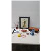 Image 2 : Black Framed Geisha Girl Woodblock Print  & Asian Tea Cups, Blue Fish Vase, Stand, etc