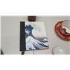 Image 8 : Black Framed Geisha Girl Woodblock Print  & Asian Tea Cups, Blue Fish Vase, Stand, etc