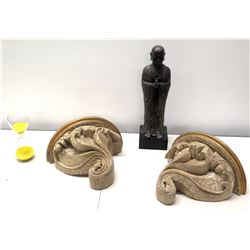 Qty 2 Curved Wall-Mount Shelves, Hourglass Sand Timer & Asian Praying Figure
