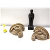 Image 1 : Qty 2 Curved Wall-Mount Shelves, Hourglass Sand Timer & Asian Praying Figure