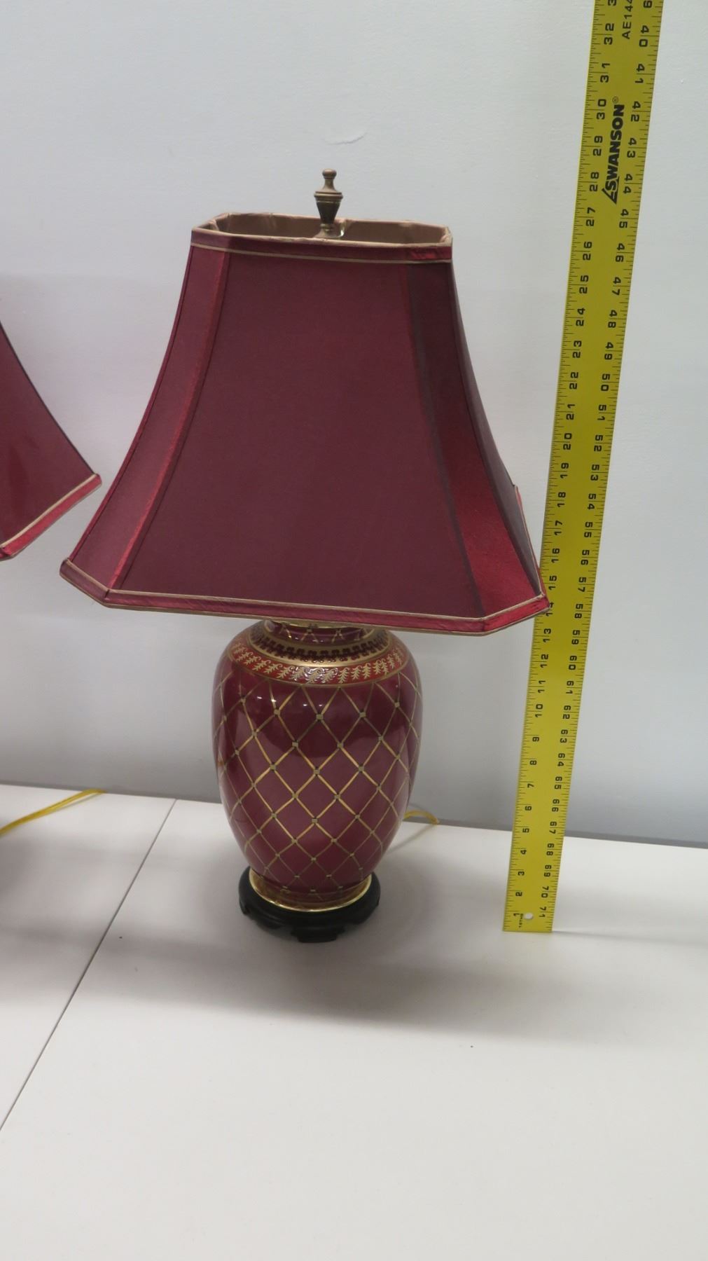 Qty 2 Burgundy Table Lamps w/ Gilt Accents & Matching Lamp Shades ...