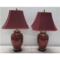 Qty 2 Burgundy Table Lamps w/ Gilt Accents & Matching Lamp Shades