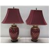 Image 1 : Qty 2 Burgundy Table Lamps w/ Gilt Accents & Matching Lamp Shades