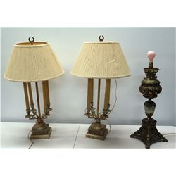 Qty 2 Gilt Column Table Lamps w/ Leaf Design & Lamp w/ No Shade