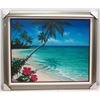 Image 1 : "Hibiscus in Bloom" by Romme, Giclee on Canvas 48" x 40", Silver Frame w/ White Linen Liner & Wood F