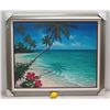 Image 2 : "Hibiscus in Bloom" by Romme, Giclee on Canvas 48" x 40", Silver Frame w/ White Linen Liner & Wood F
