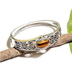 TIGER'S EYE GEMSTONE SILVER PLATED  BRACELET BANGLE