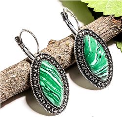 MALACHITE GEMSTONE SILVER PLATED LEVER BACK EARRING 1.5"