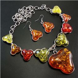 BALTIC AMBER GEMSTONE SILVER PLATED HANDMADE NECKLACE WITH EARRINGS