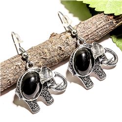BLACK ONYX GEMSTONE SILVER PLATED HOOK EARRING 1.5"