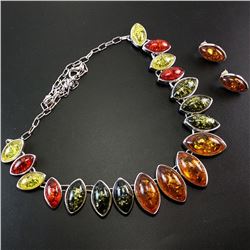 BALTIC AMBER GEMSTONE SILVER PLATED HANDMADE NECKLACE WITH EARRINGS