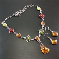 BALTIC AMBER GEMSTONE SILVER PLATED HANDMADE NECKLACE WITH EARRINGS